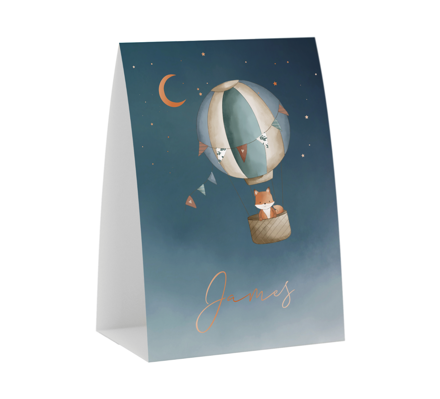 Tentvorm geboortekaartje blauw met vosje in luchtballon
