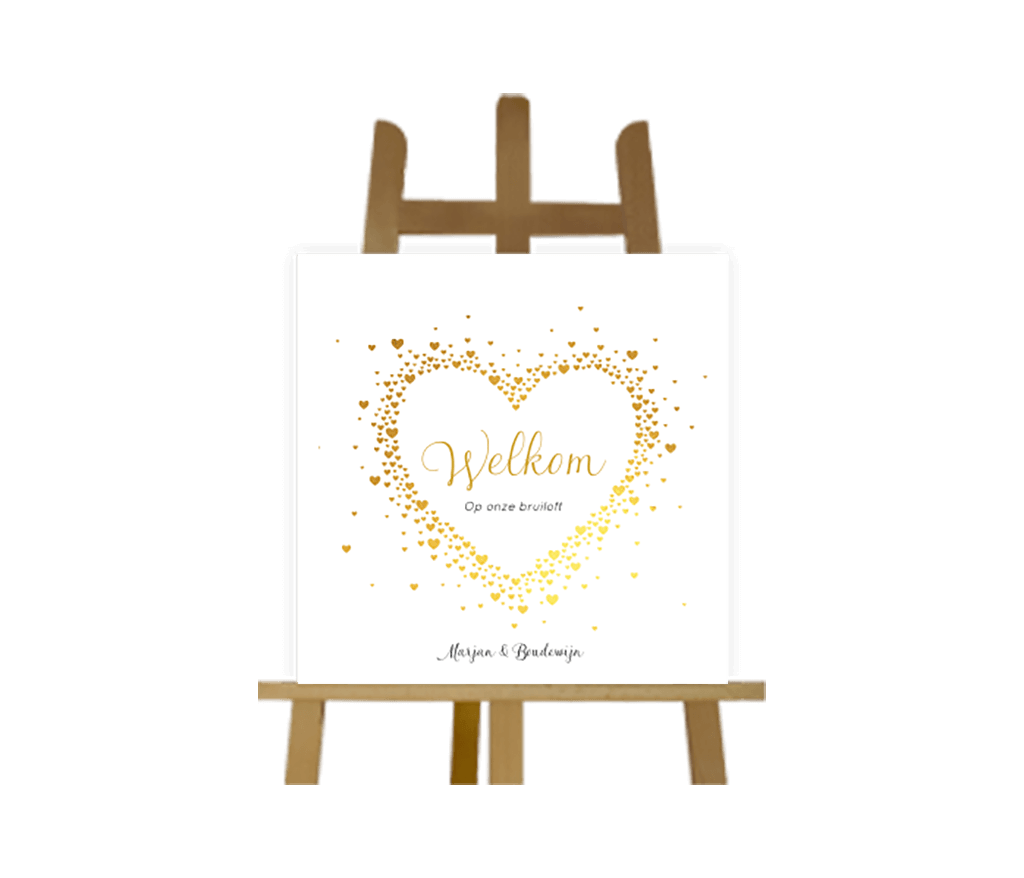 Romantische welkomstbord met gouden hartjes