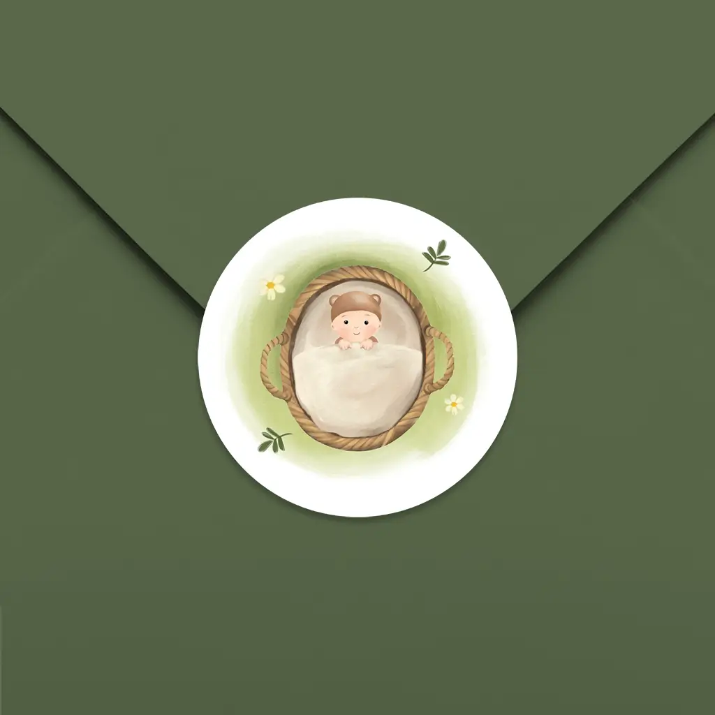 Sluitsticker met baby mandje in het gras - per 25 stuks