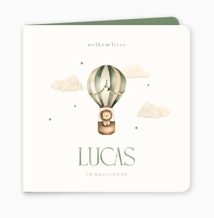 Geboortekaartje met groene luchtballon en leeuwtje