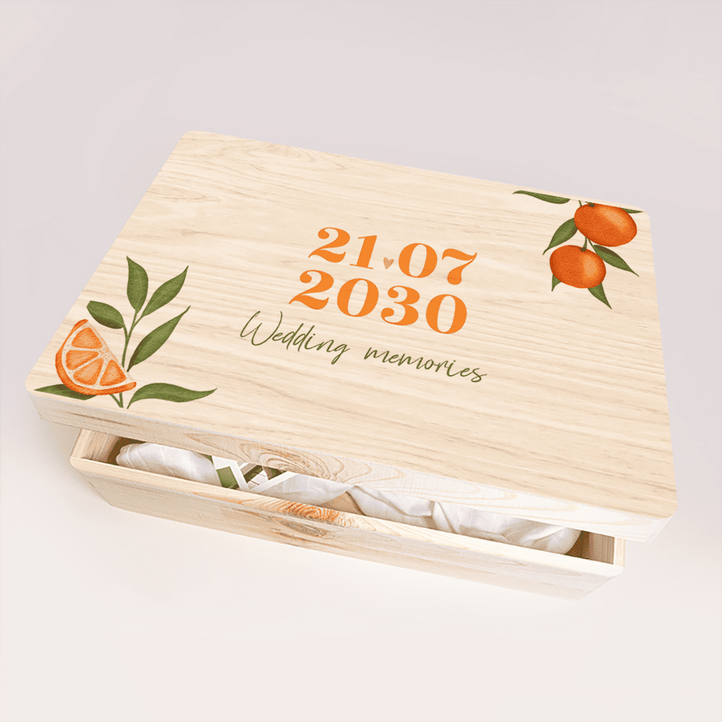 Erinnerungskiste Hochzeit mit Orangenzweigen und sommerlichen Farben