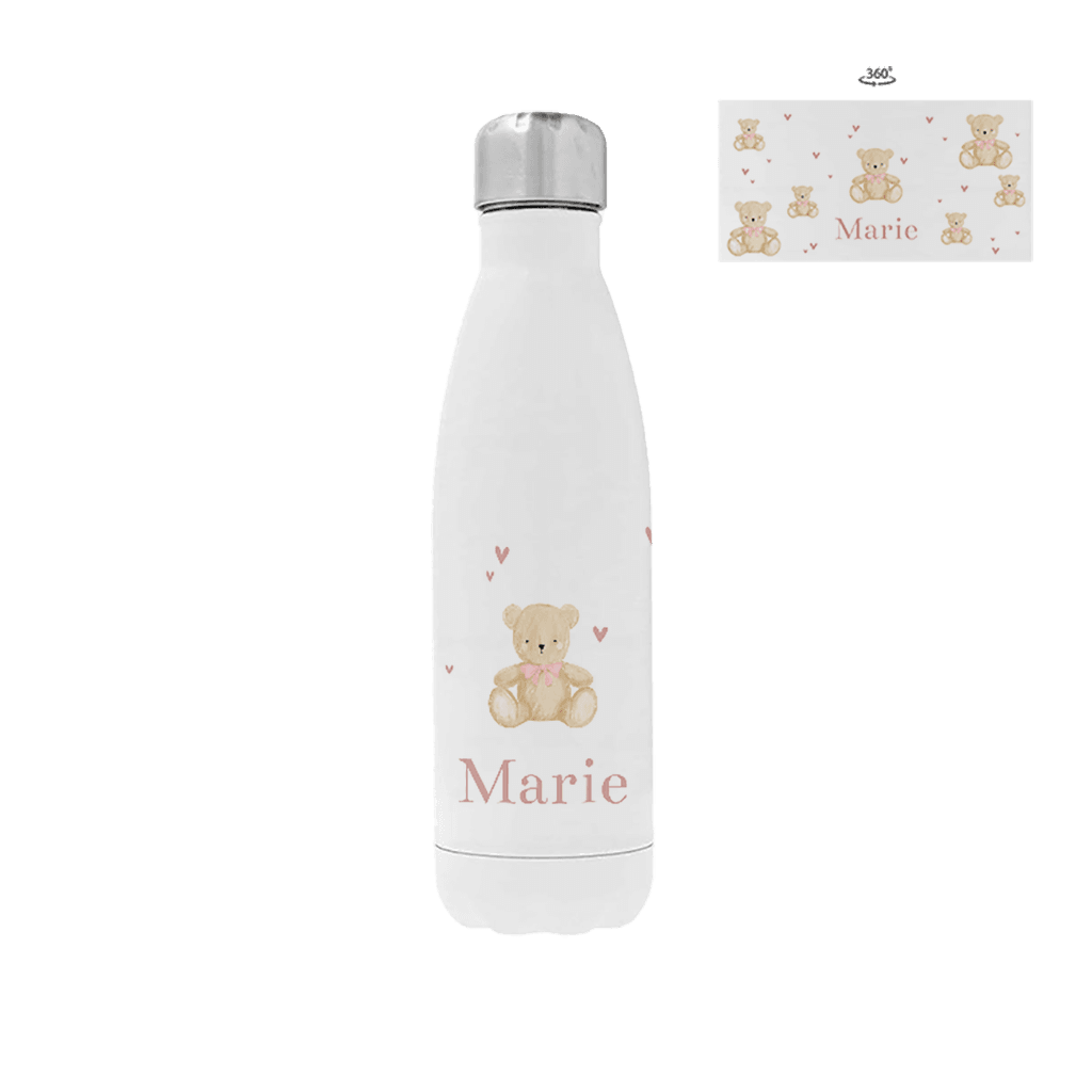 Trinkflasche aus Edelstahl mit Namen und Teddybären