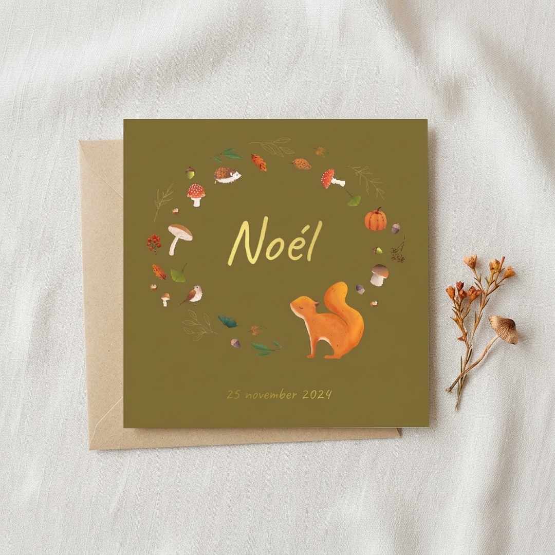 Geboortekaartje eekhoorn paddenstoel herfst