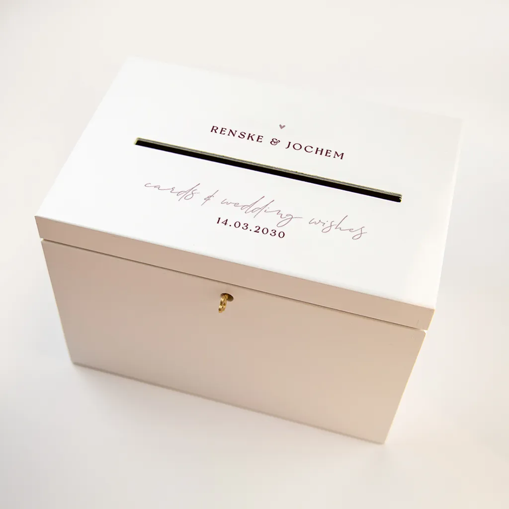 Enveloppenkist bruiloft met opdruk in cherry kleur