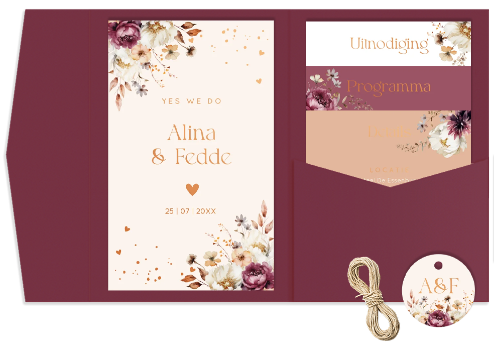 Pocketfold trouwkaart beige paars bloemen koperfolie