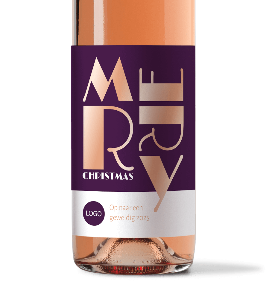 Luxe flessenetiket Merry Christmas, roséfolie en eigen logo - 5 stuks