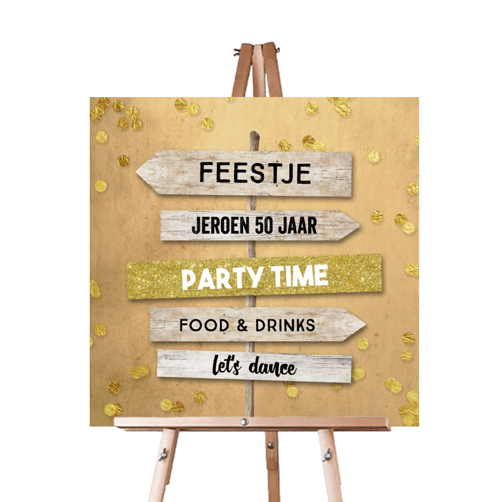 Welkomstbord voor verjaardag met wegwijzer en confetti