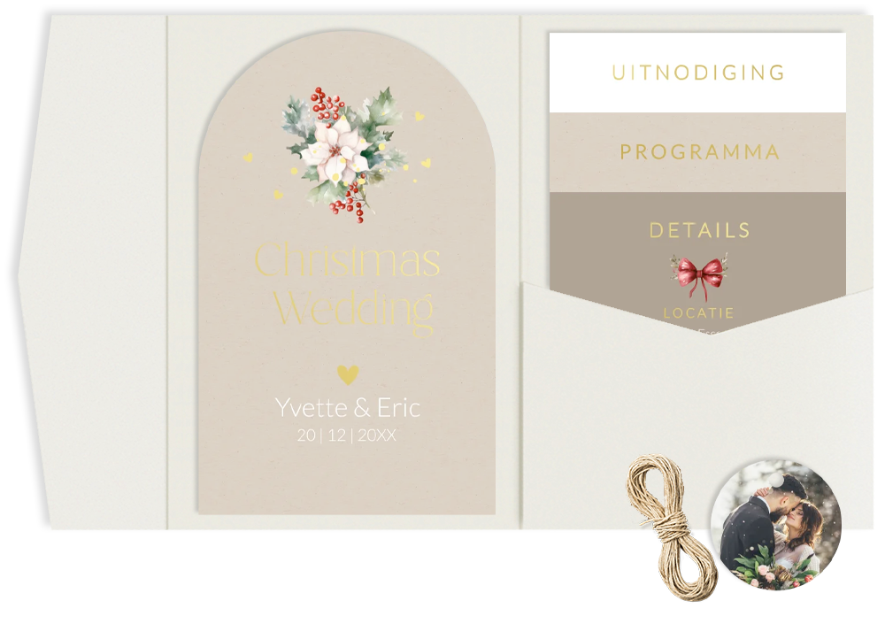 Pocketfold trouwkaart kerst beige goudfolie