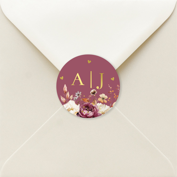 Stickers huwelijk beige bloemen aubergine goudfolie