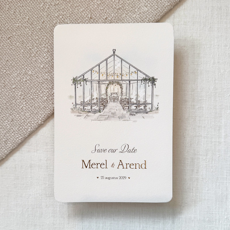 Save the date kaart met kas en goudfolie – Greenhouse Romance