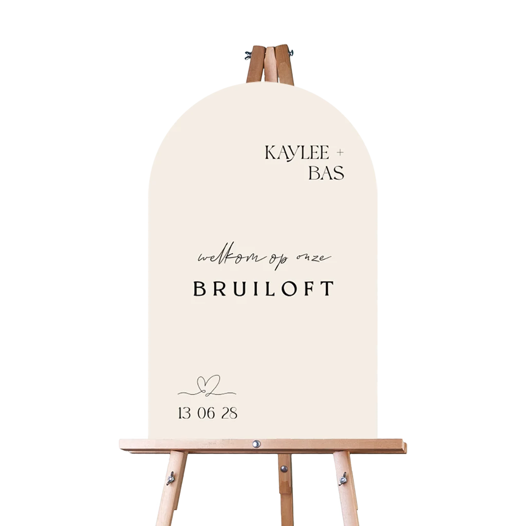 Welkomstbord bruiloft boog in stijlvol beige