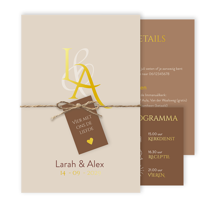 Unieke trouwuitnodiging meerdere kaartje in bruin tinten