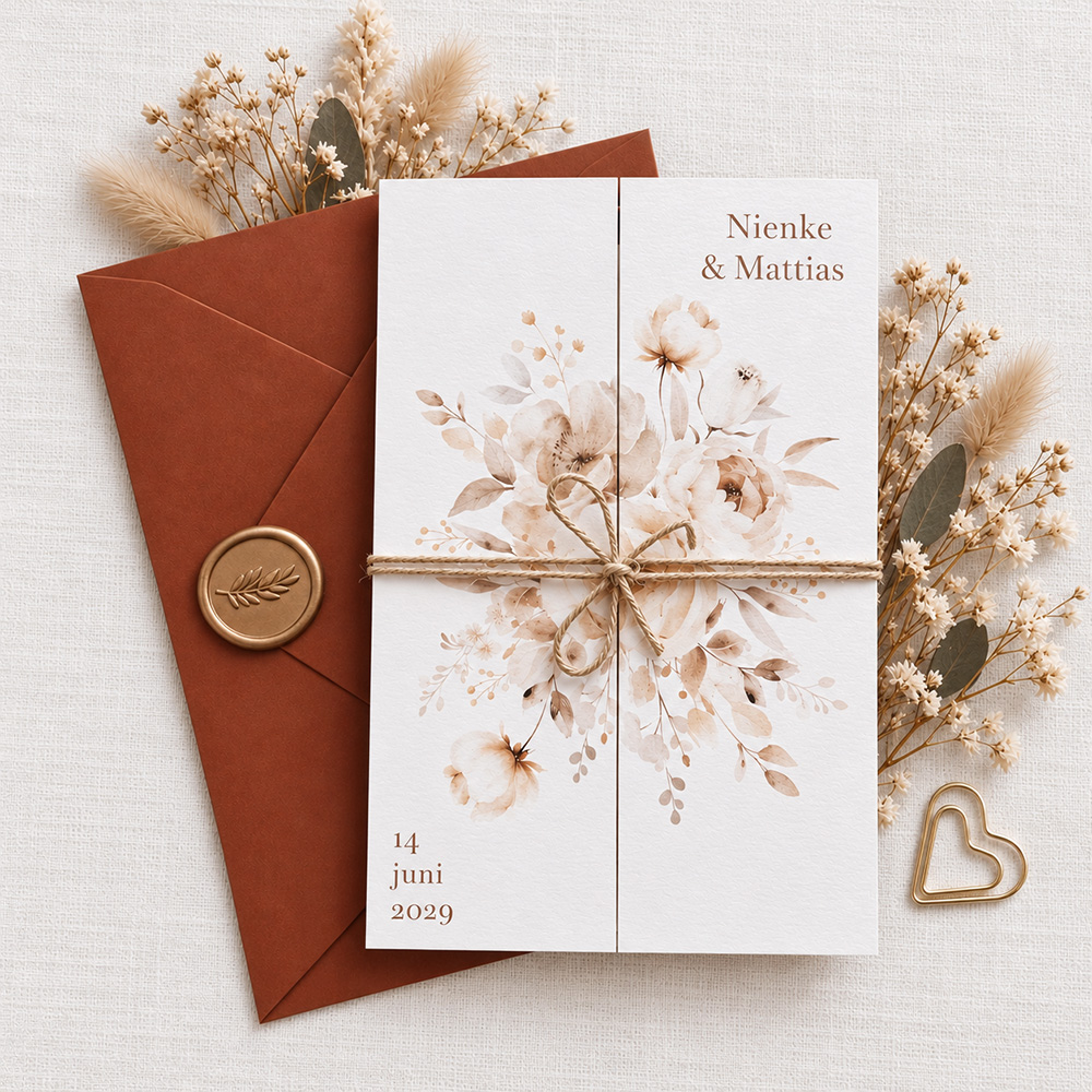 Romantische drieluik trouwkaart beige bloemen
