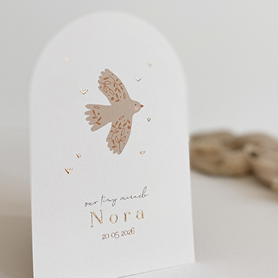 Geboortekaartje meisje met vogel en hartjes in foliedruk