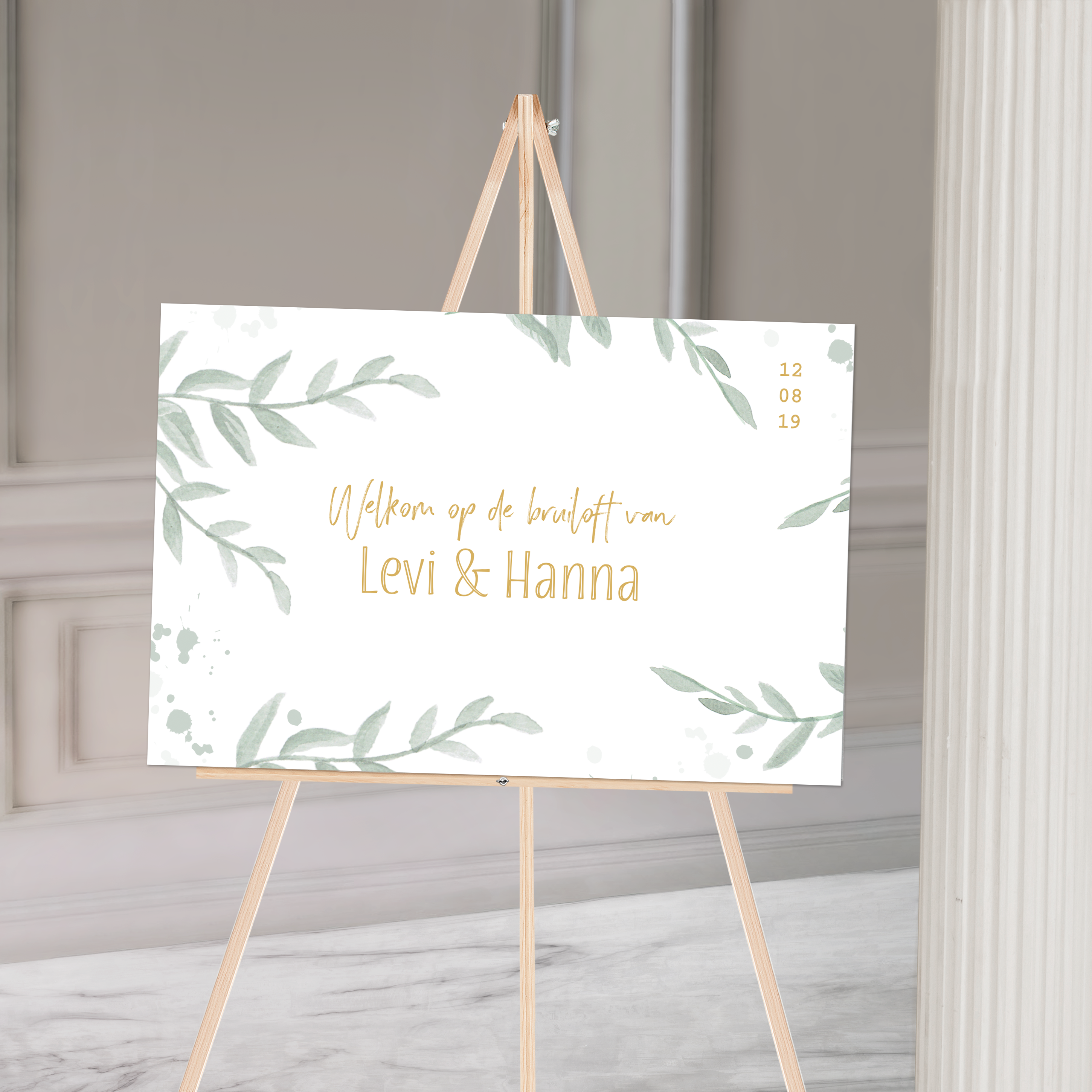 Welkombord voor op jullie bruiloft met groene watercolor takjes