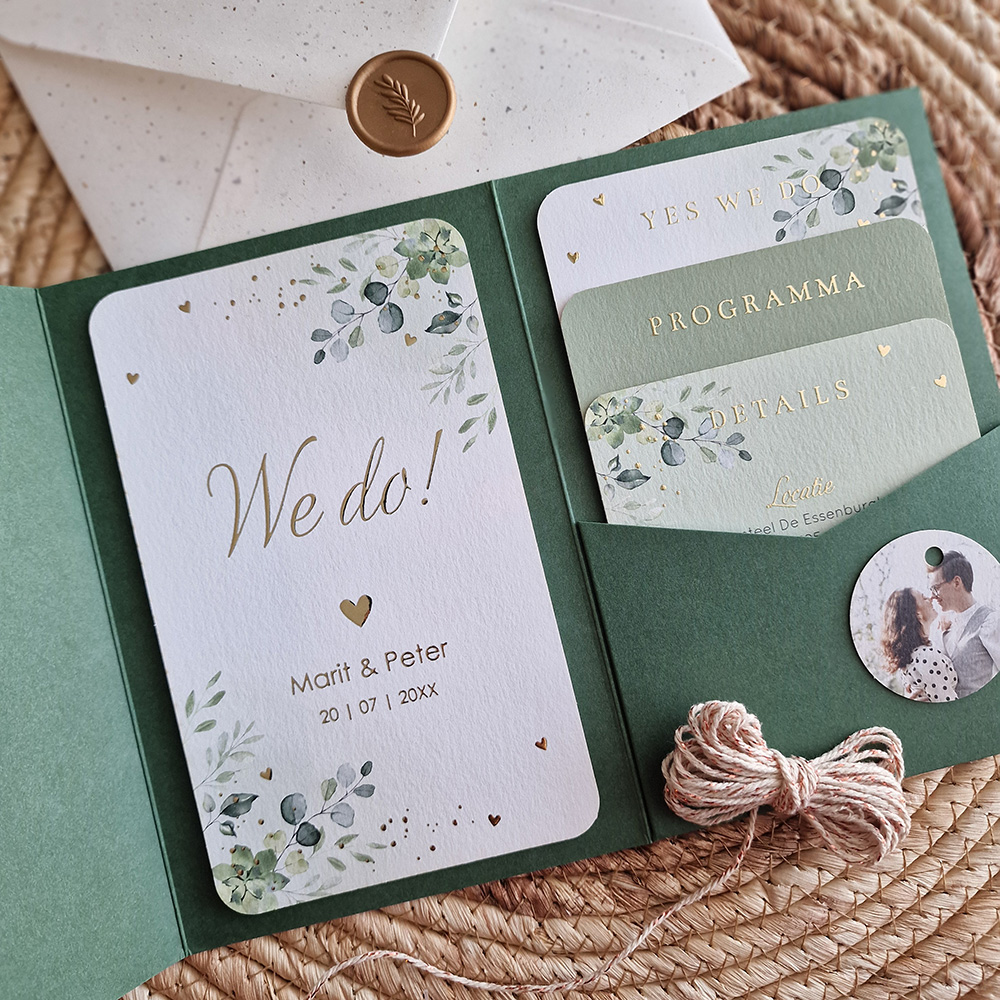 Pocketfold set trouwkaart botanisch groen bladeren goudfolie