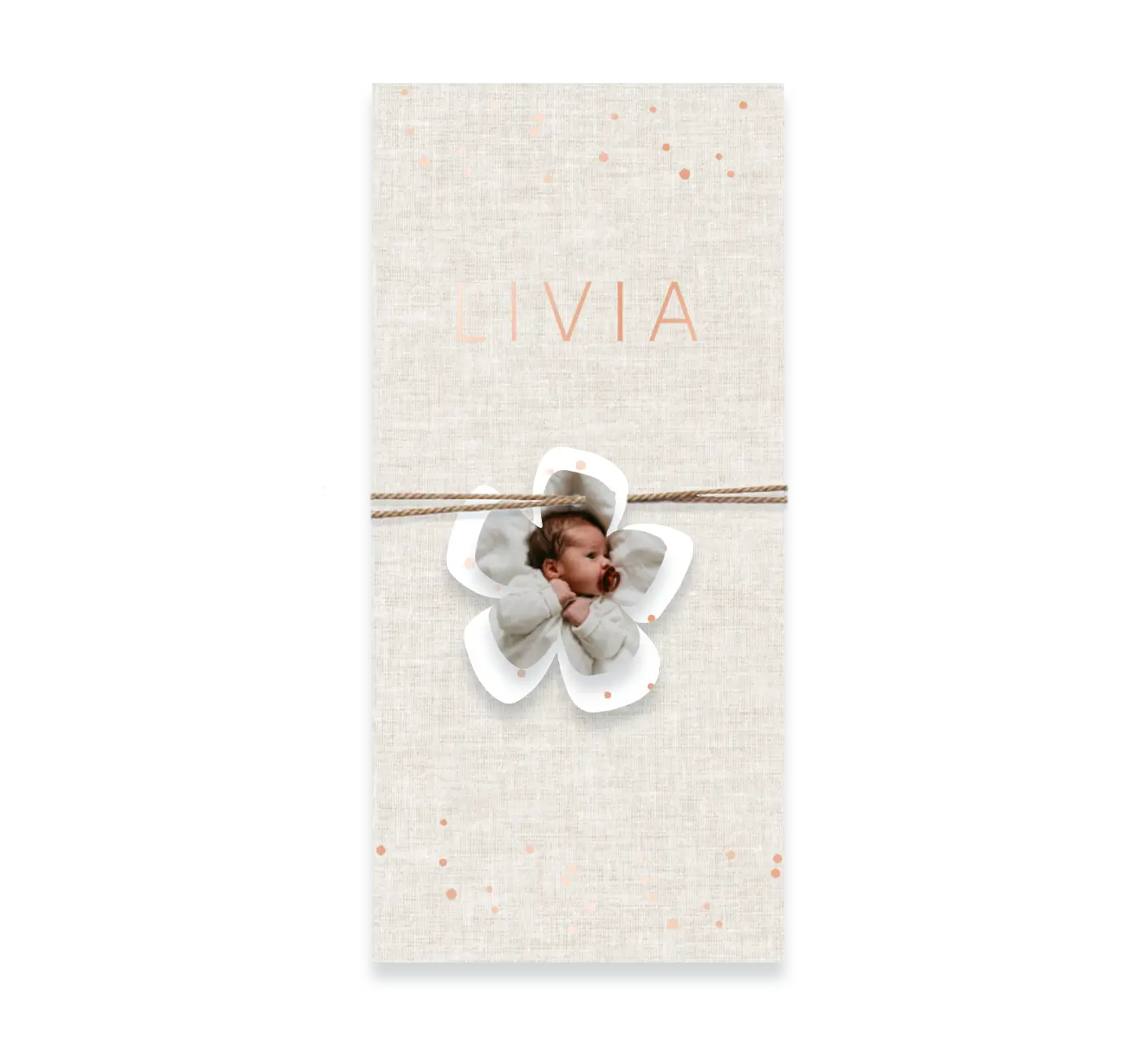 Roségoudfolie label geboortekaartje met linnen-look en foto