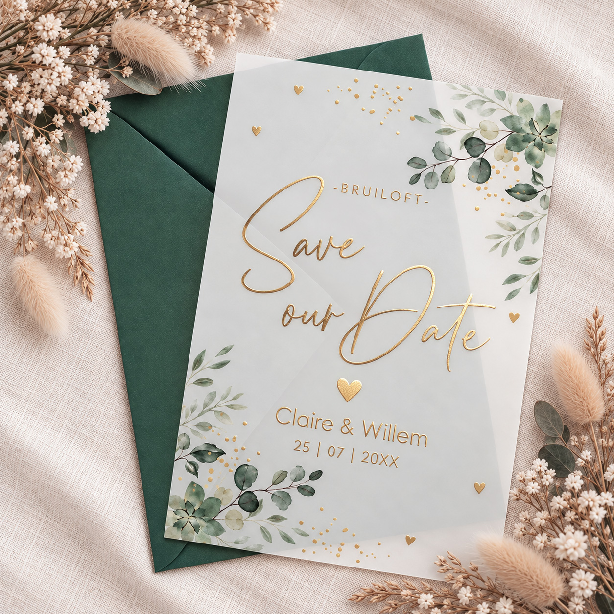 Save the Date kalkpapier botanisch groen goudfolie