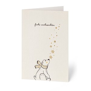 Geschäftliche Weihnachtskarte Eisbär im Schneeflockenzauber mit Goldfolienprägung