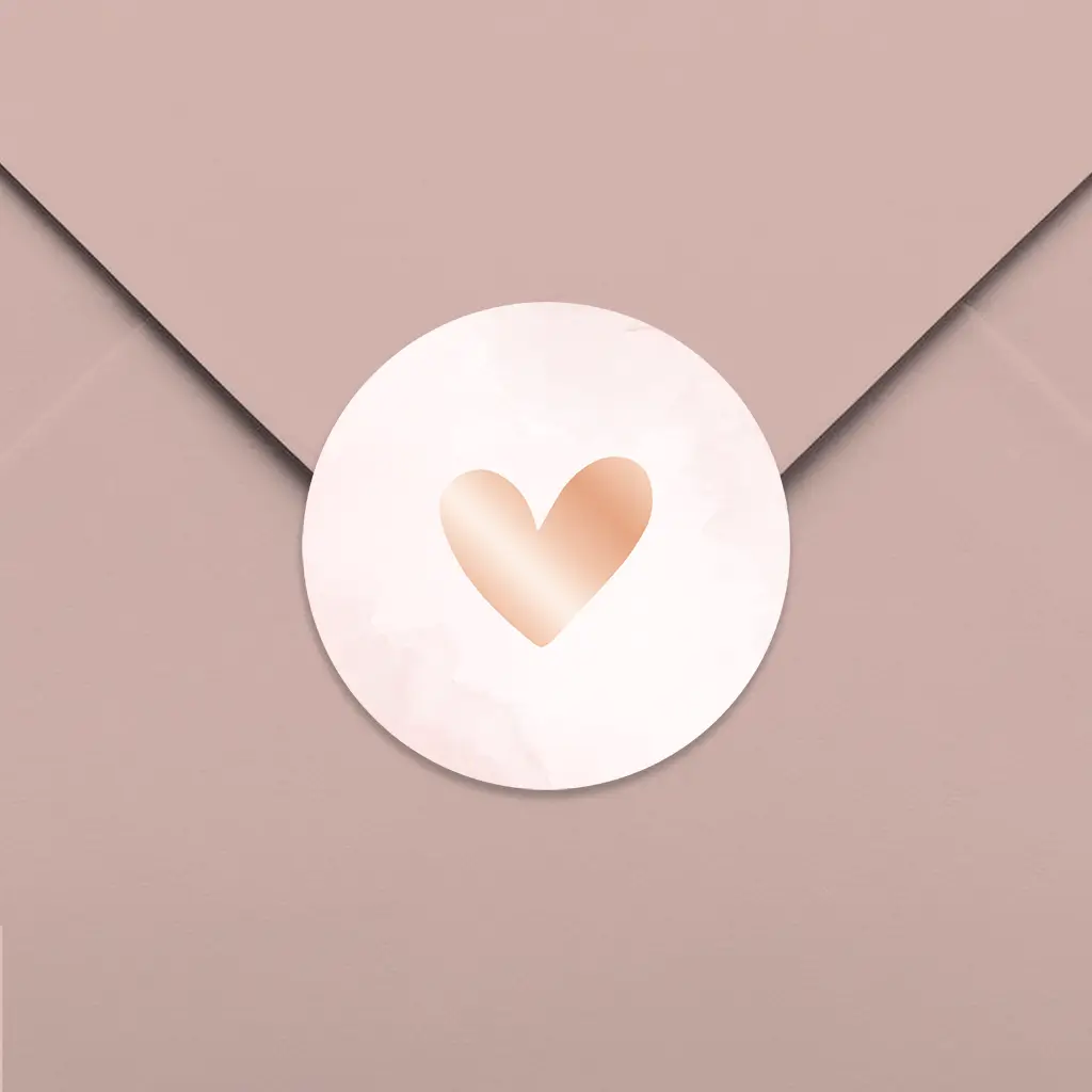 Zachtroze sluitsticker met hartje in roségoudfolie - per vel