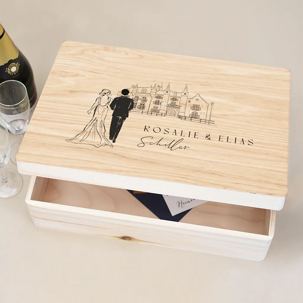 Erinnerungsbox zur Hochzeit in Schwarz-Weiß mit Tuschezeichnung