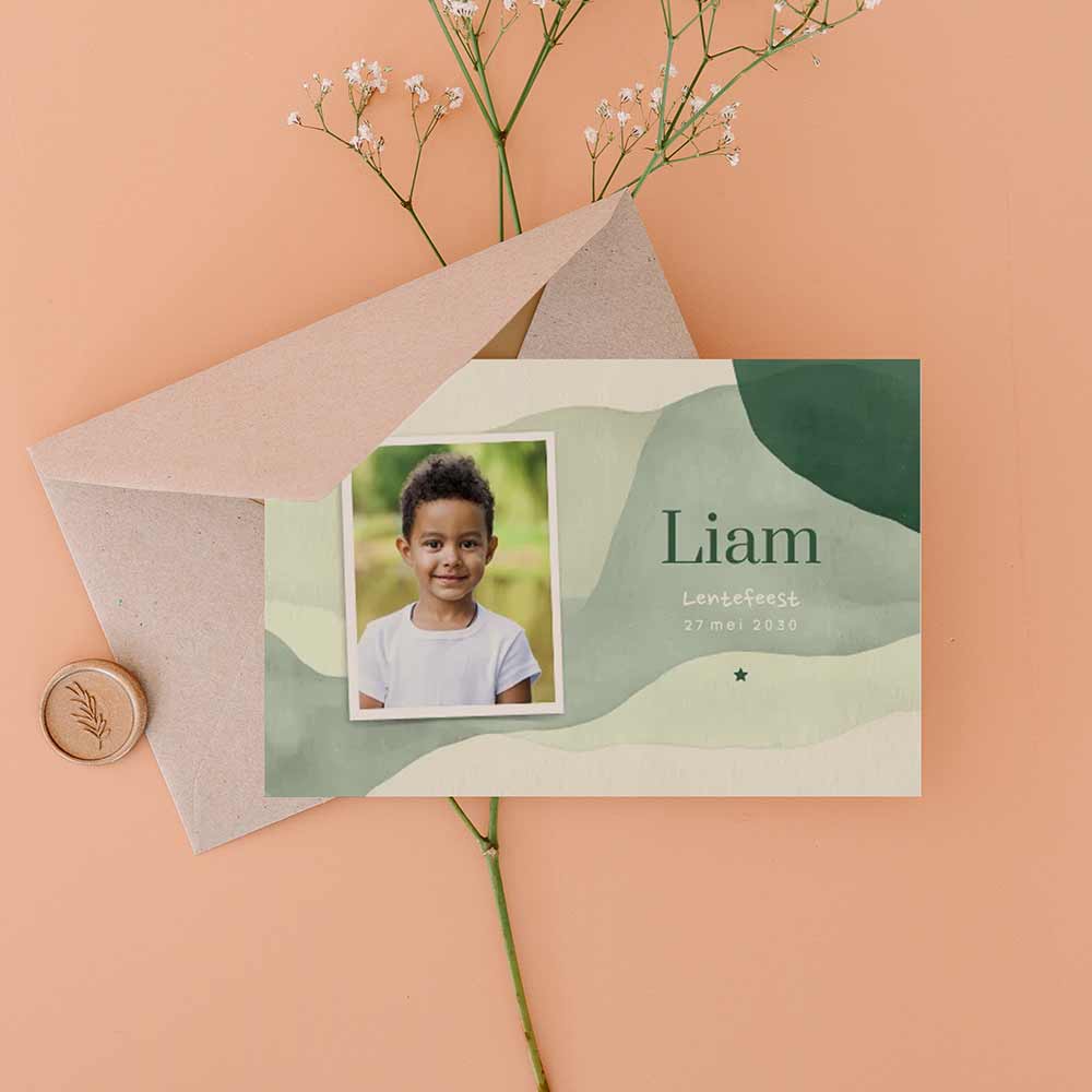 Groene watercolour lentefeest uitnodiging met foto