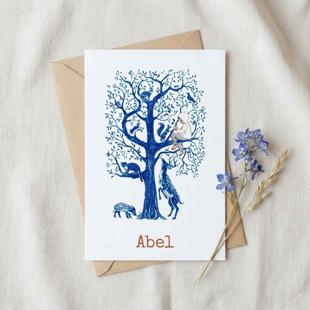 Geboortekaartje illustratie boom kindje dieren