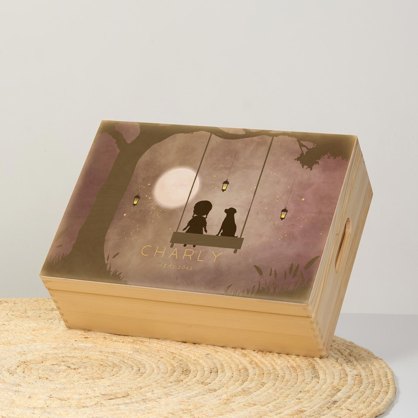 Memorybox winterliefde silhouet meisje op schommel met maan