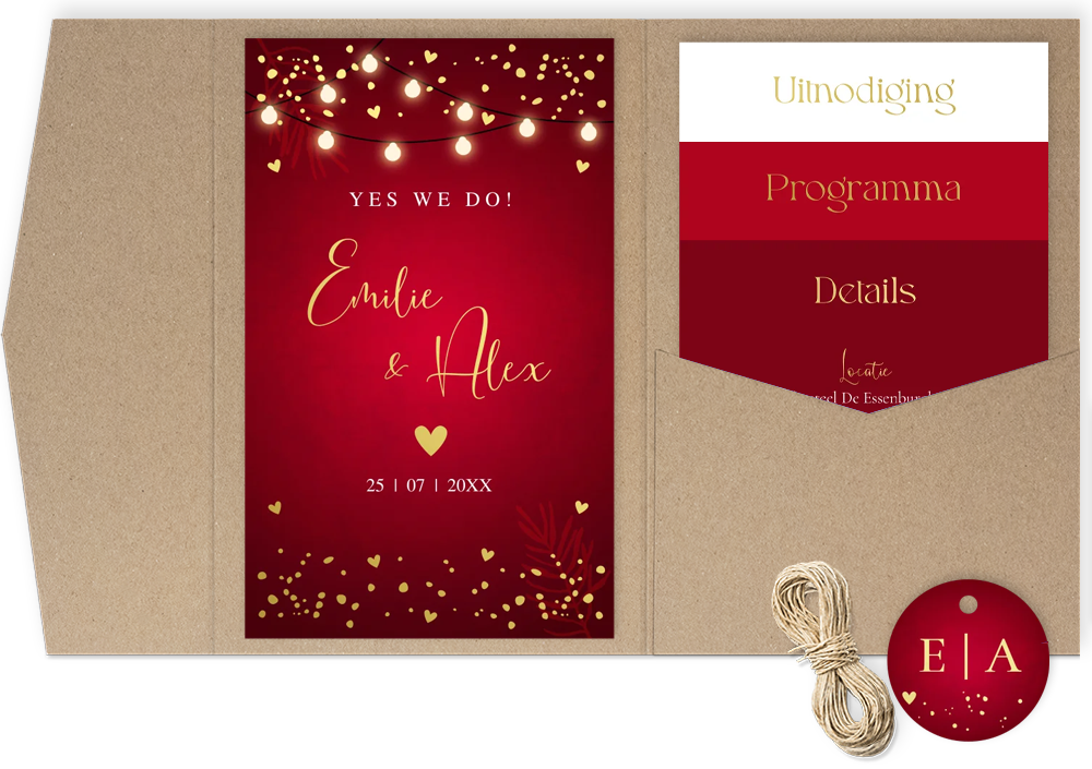 Pocketfold set trouwkaart boog rood kerst lampjes goudfolie