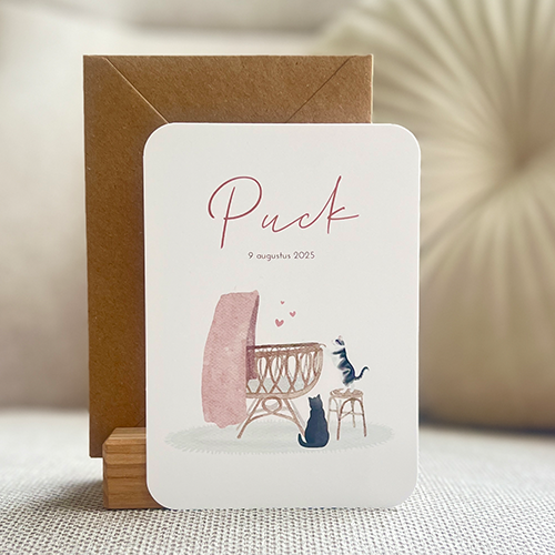 Geboortekaartje Meisje Waterverf Wieg Poes