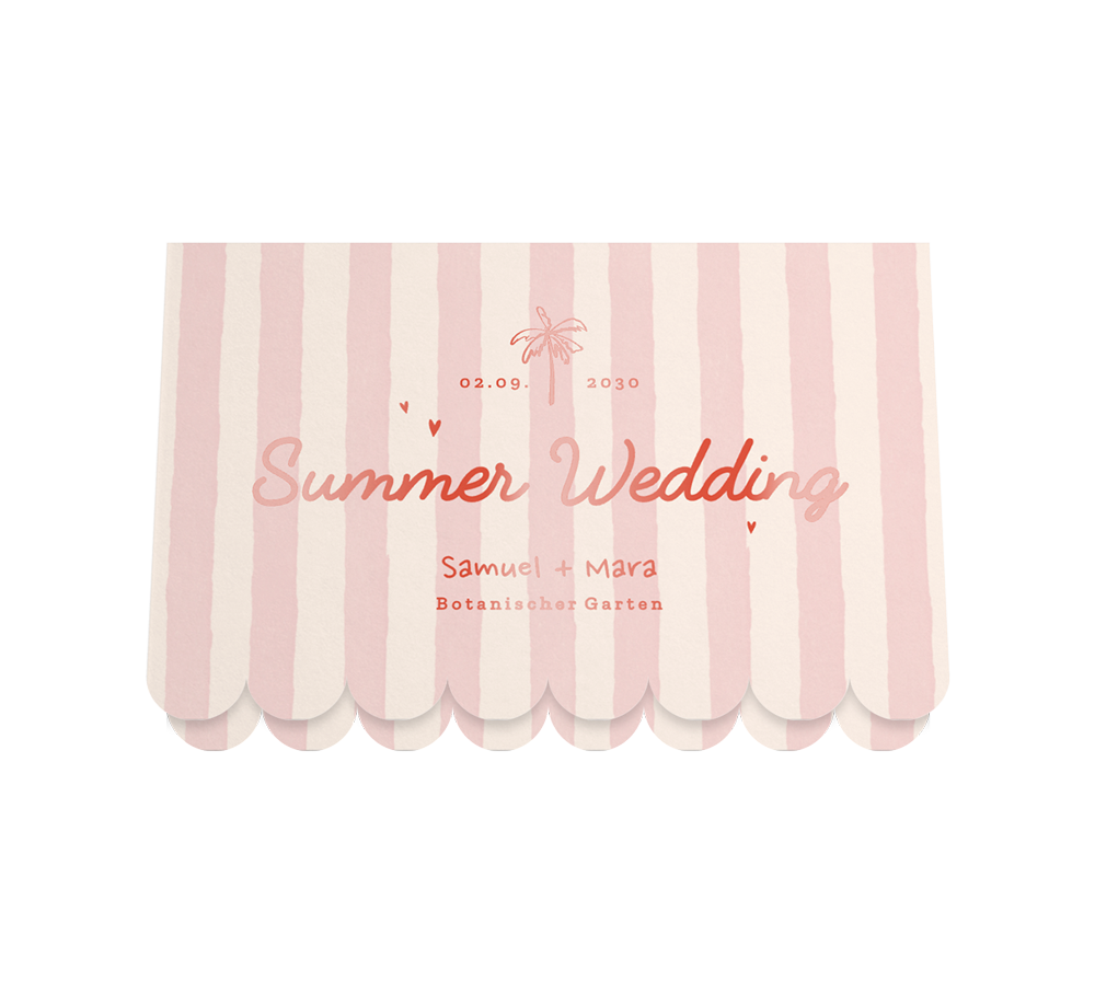 Sommerliche Hochzeitseinladung mit rosa Streifen, Palmen und Hochglanz