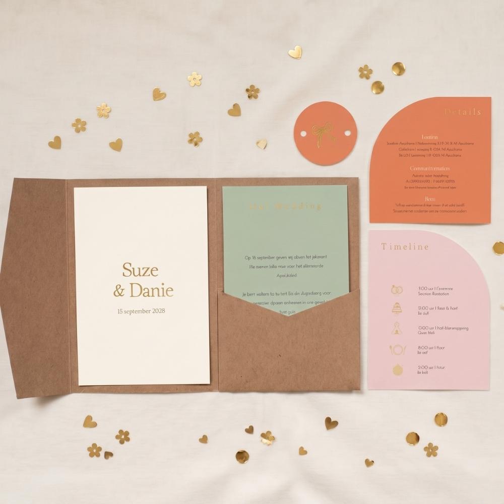 Pocketfold trouwkaart set summer chic kleuren