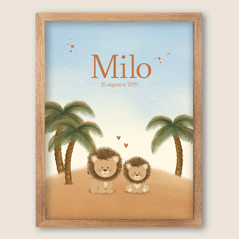 Geboorteposter leeuwtjes en palmbomen – Milo