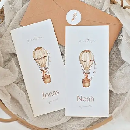 Lief tweeling geboortekaartje met vosjes in luchtballonnen