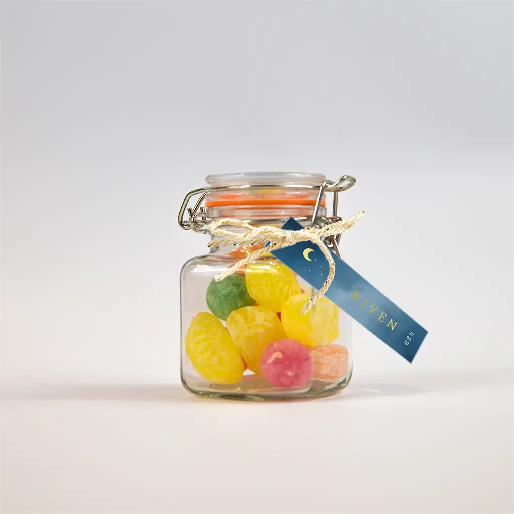 Doopsuikerlabeltje blauw met goudfolie maan - per 16 stuks