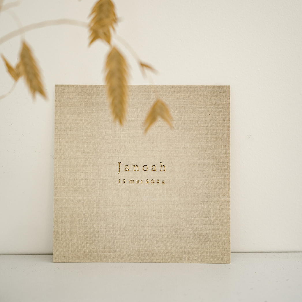 Geboortekaartje Linnenlook foliedruk zandkleur