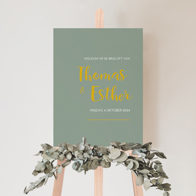 Welkomstbord bruiloft groen goud