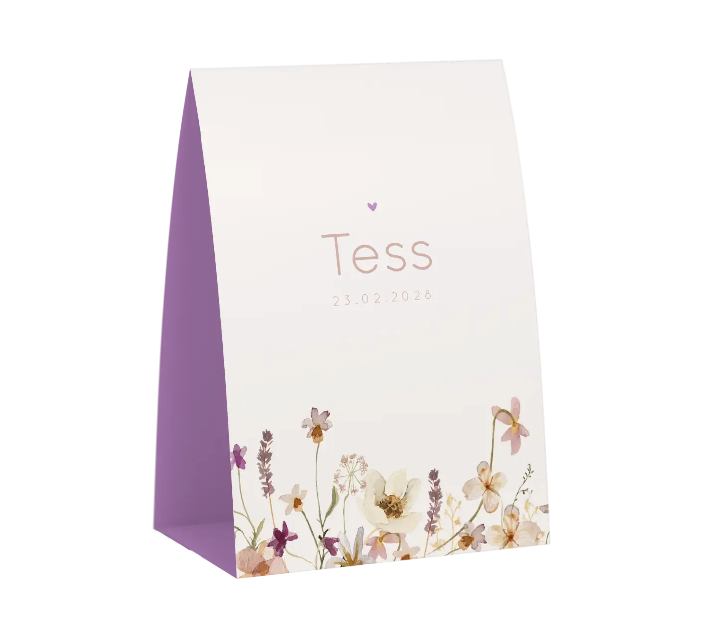 Lief geboortekaartje in tentvorm met watercolour bloemen en hartje