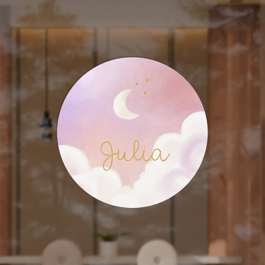 Raamsticker rond roze met wolken en maan