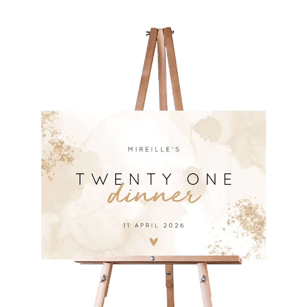 Welkomstbord twenty one dinner water color goudlook spetters