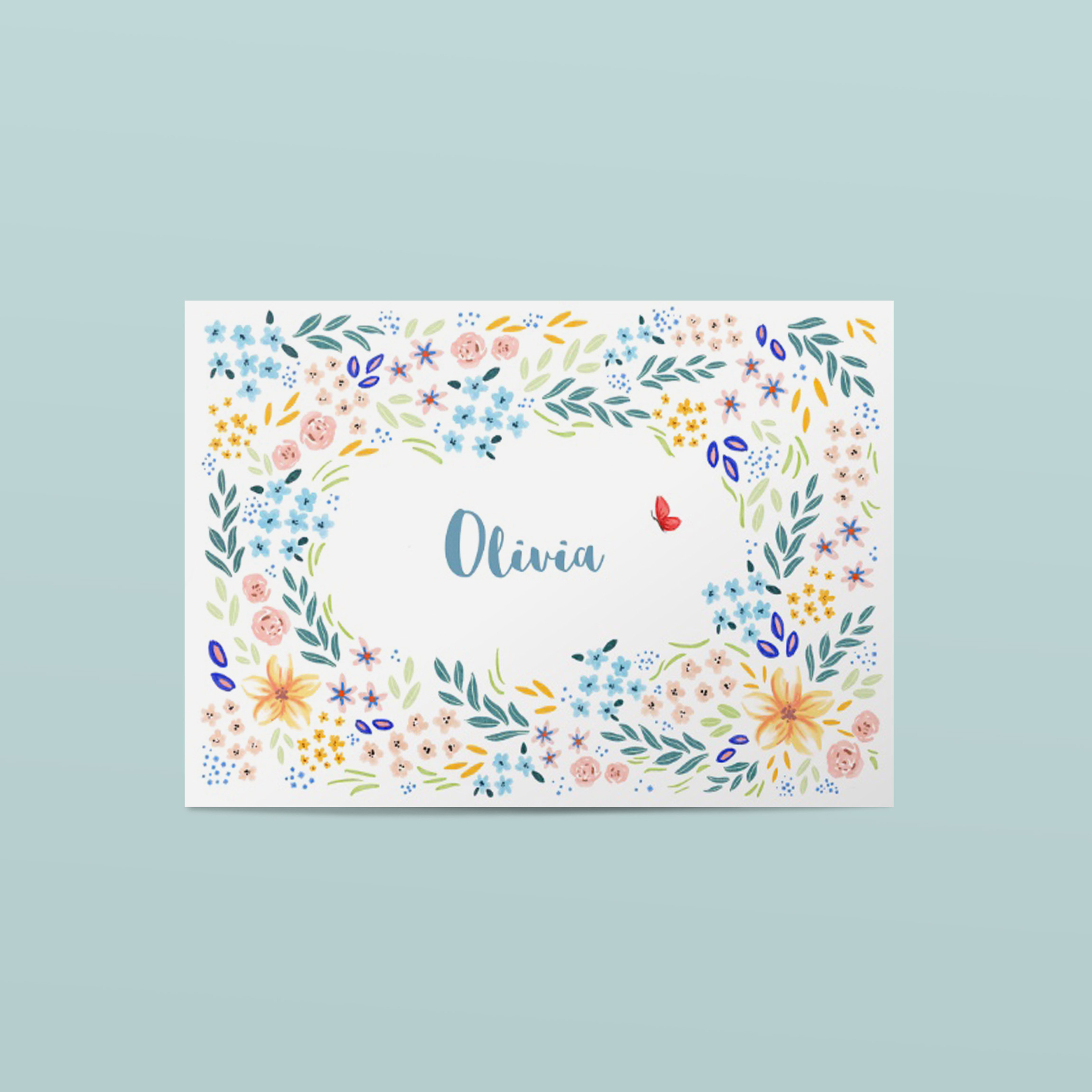 Geboortekaartje met mozaïek van bloemen en een vlinder