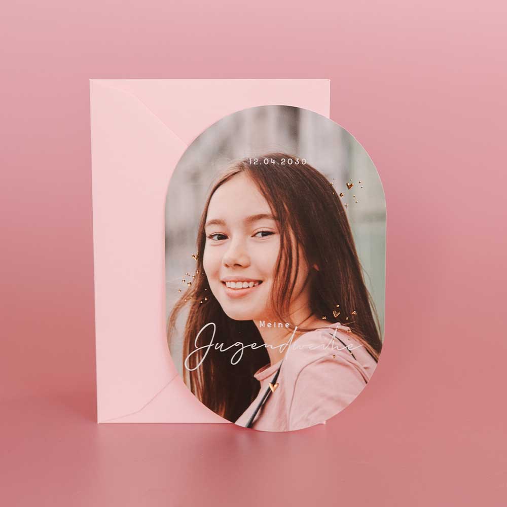 Originelle Einladung zur Jugendweihe mit Foto und Goldfolie
