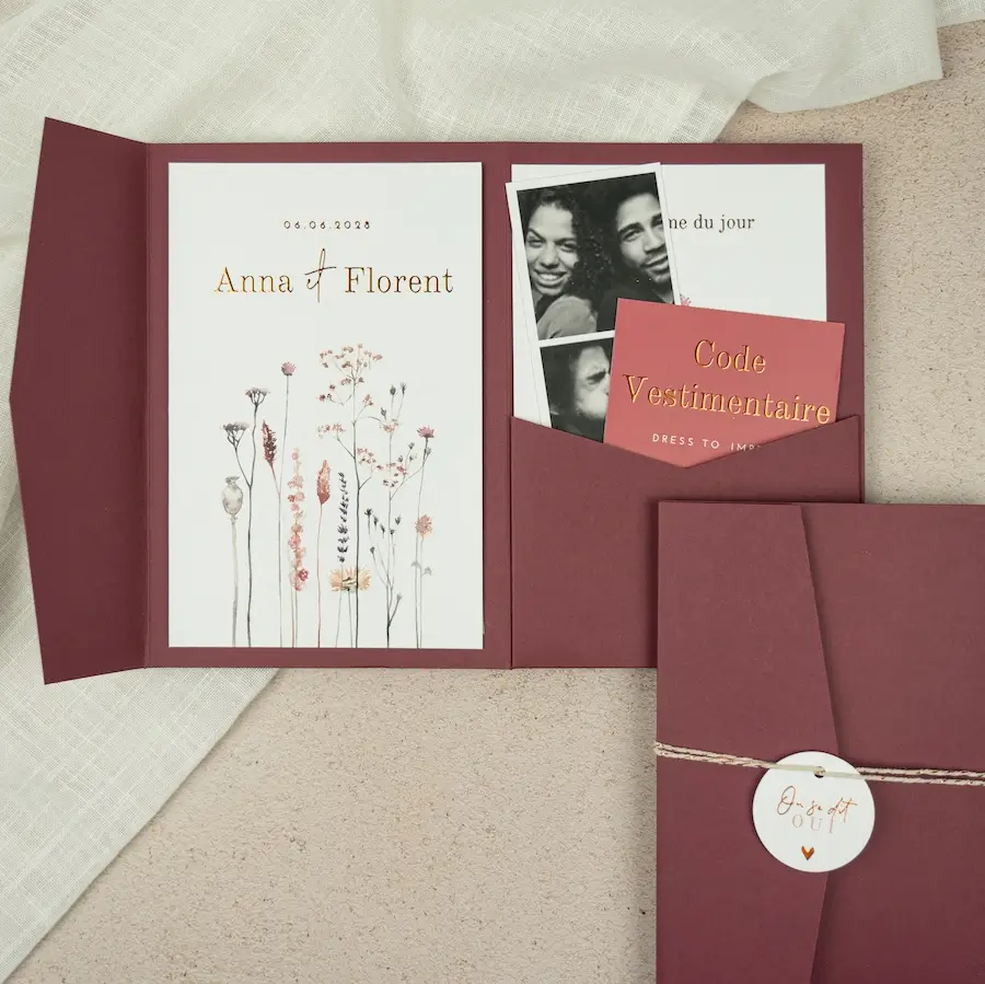 Faire-part de mariage avec pochette et bande de photos