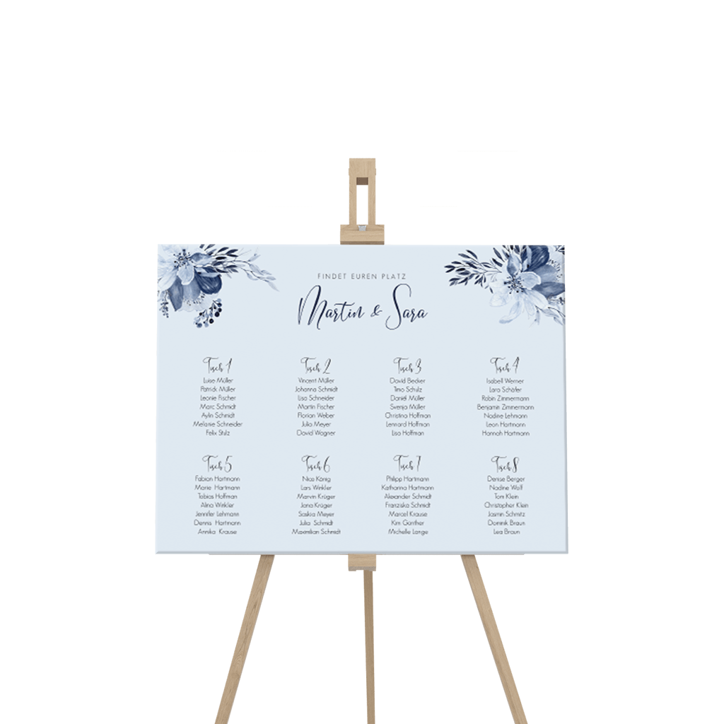 Sitzplan Schild mit romantischen blauen Blumen