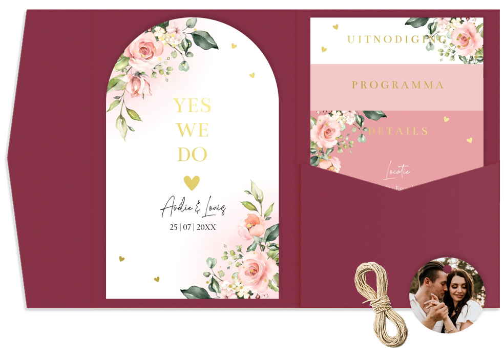 Pocketfold trouwkaart rozen bloemen goudfolie | Pink Floral