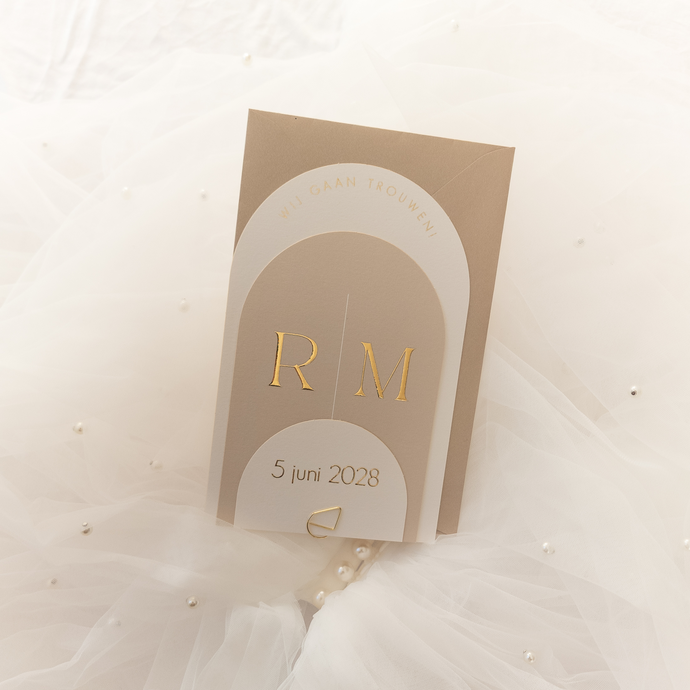 Trouwkaart 3 delen boogkaart goudfolie