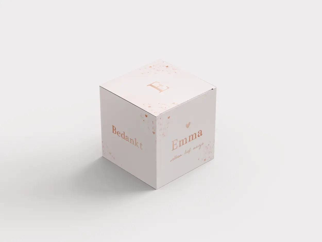 Lief doopsuikerdoosje met roze watercolor en roségoudfolie