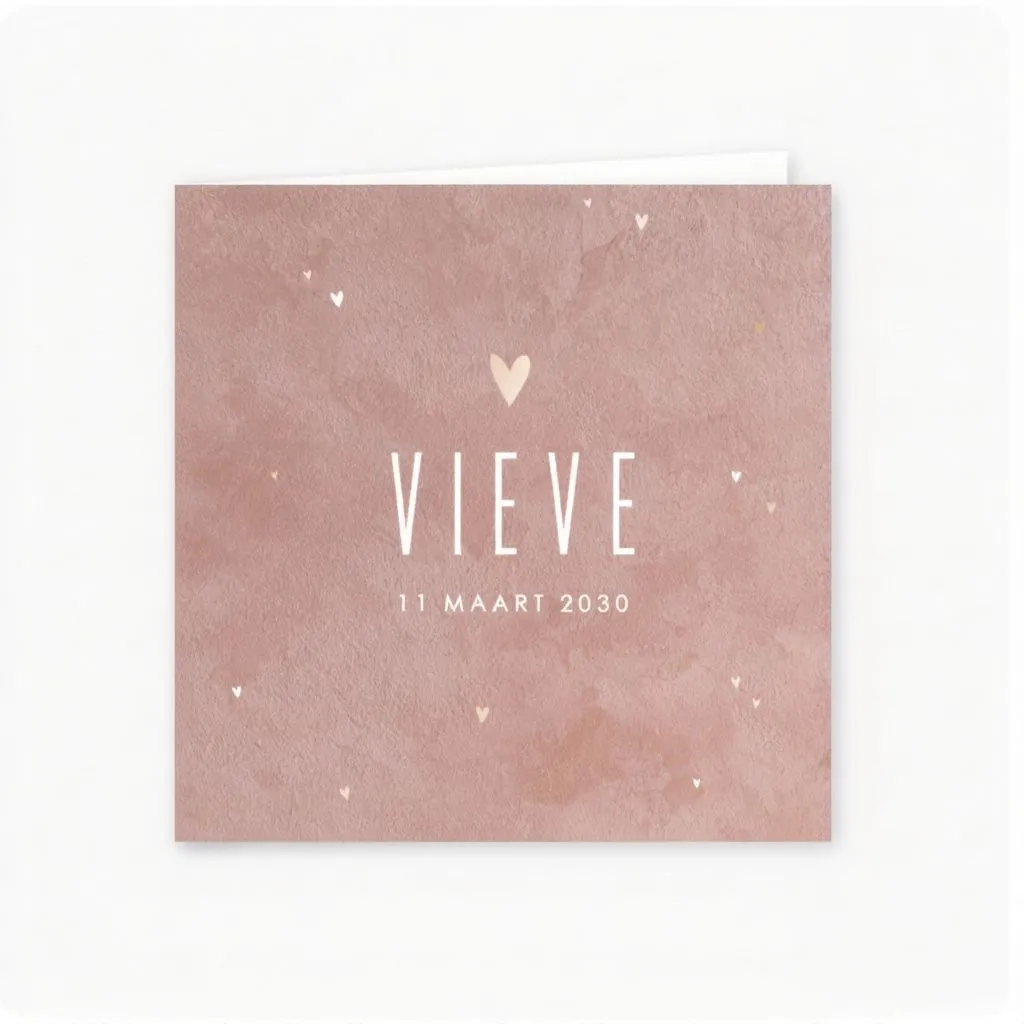 Oudroze velvet-look babykaartje met roségoudfolie hartjes