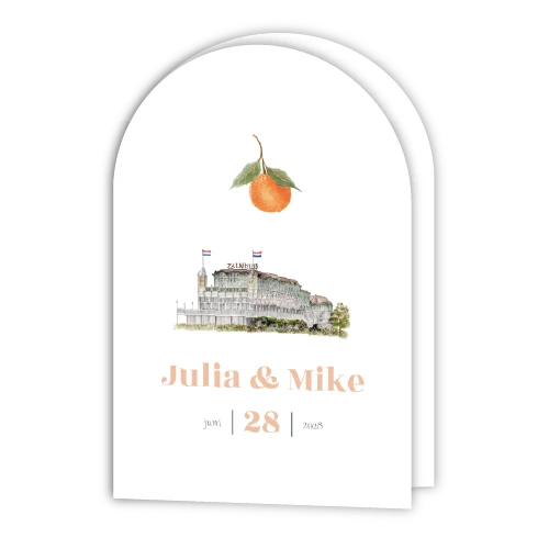 Dubbel boog trouwkaart met sinaasappel | Fris, zomers & mediterraans