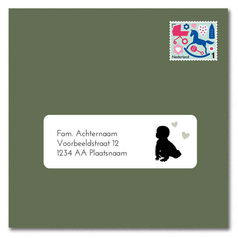 Adressticker met kruipende silhouet baby en groene hartjes